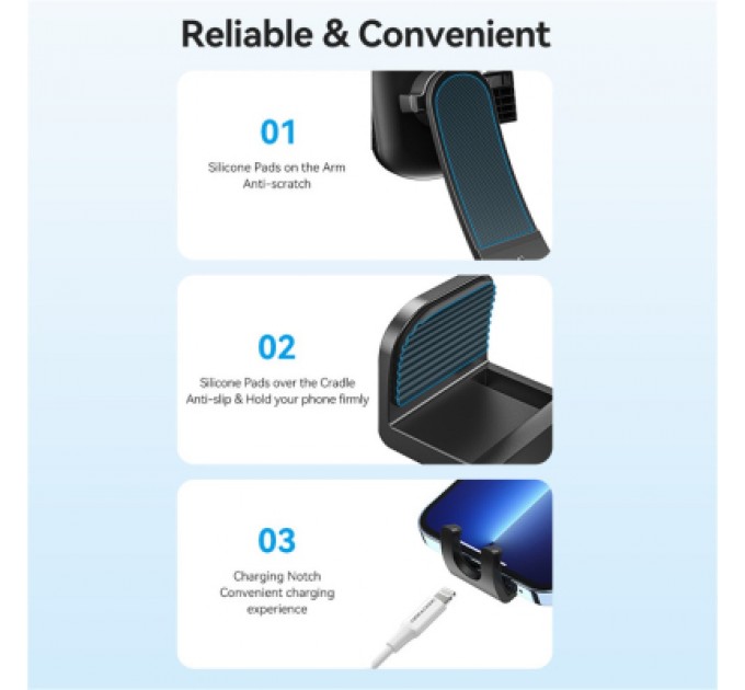 Універсальний автотримач VENTION 4.7-7.2" затискач One Touch, присока, чорний (KSCB0)