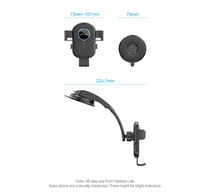 Універсальний автотримач VENTION 4.7-7.2" затискач One Touch, присока, чорний (KSCB0)