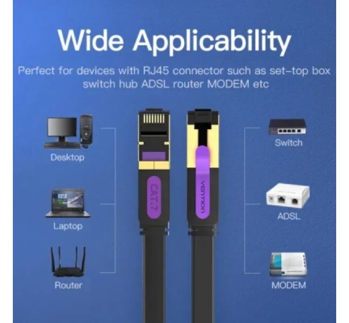 Патч-корд Flat Cat.7 Patch Cable 3M Black VENTION (ICABI)