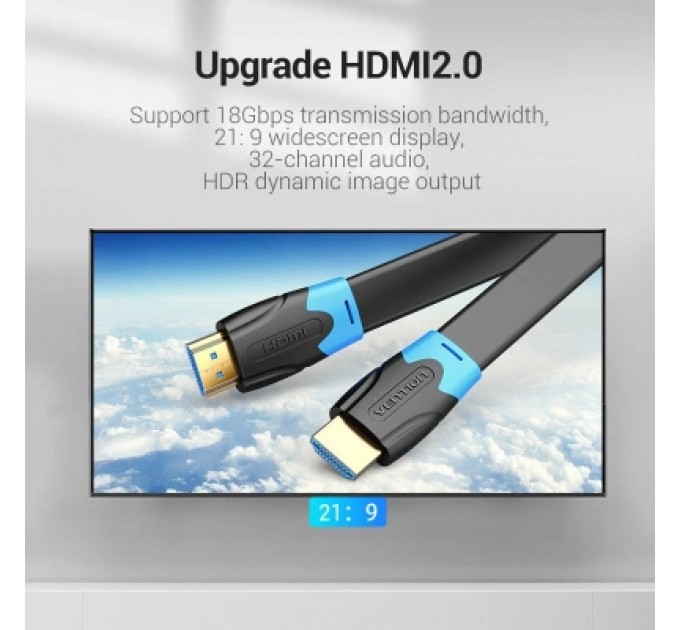Кабель мультимедійний Flat HDMI Cable 2M Black VENTION (AAKBH)