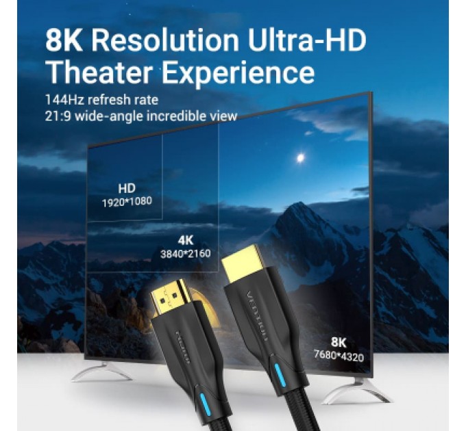 Кабель мультимедійний Cotton Braided 8K HDMI Cable 1.5M Black VENTION (AAUBG)