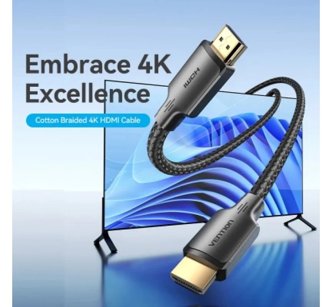Кабель мультимедійний Cotton Braided 4K HDMI Male to Male Cable 2M Black VENTION (ALLBH)