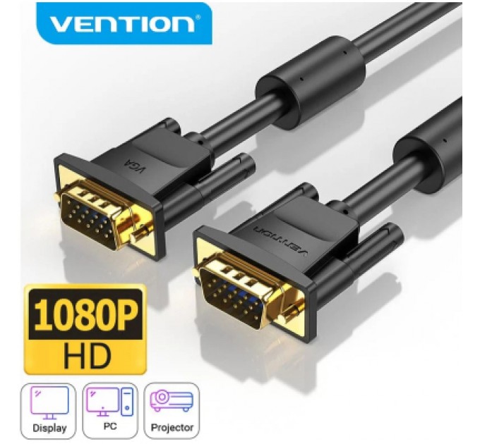 Кабель мультимедійний VGA(3+6) Male to Male Cable with ferrite cores 5M Black VENTION (DAEBJ)