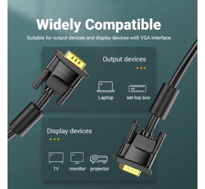 Кабель мультимедійний VGA(3+6) Male to Male Cable with ferrite cores 20M Black VENTION (DAEBQ)