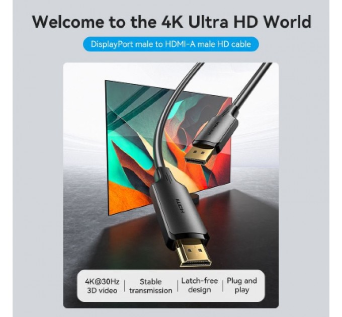 Кабель мультимедійний DisplayPort Male to HDMI-A Male 4K HD Cable 1.8M Black VENTION (HFOBAC)