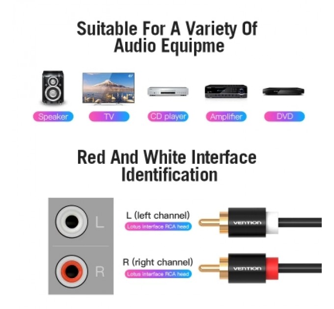 Кабель мультимедійний 2RCA Male to Male Audio Cable 1M Black Metal Type VENTION (VAB-R06-B100)