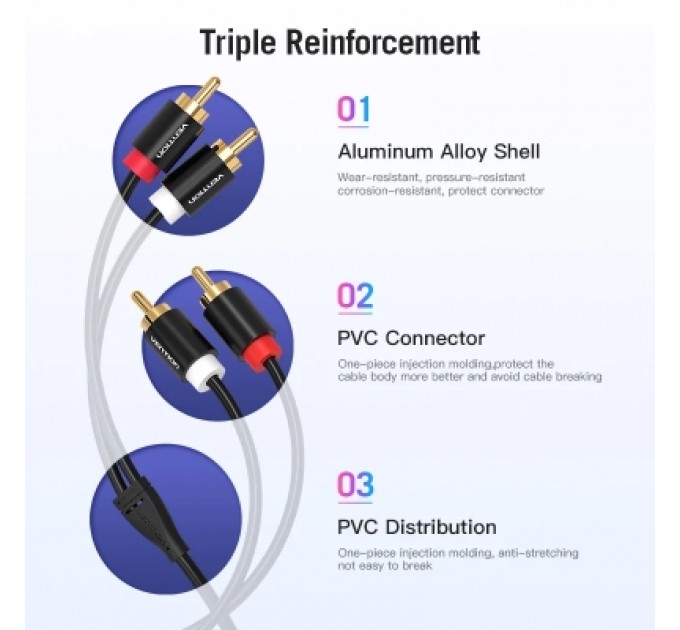 Кабель мультимедійний 2RCA Male to Male Audio Cable 1M Black Metal Type VENTION (VAB-R06-B100)
