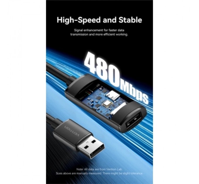 Дата кабель USB 2.0 Type-A Male to Type-A Female Active Extension Cable 10M Black VENTION (CBKBL)