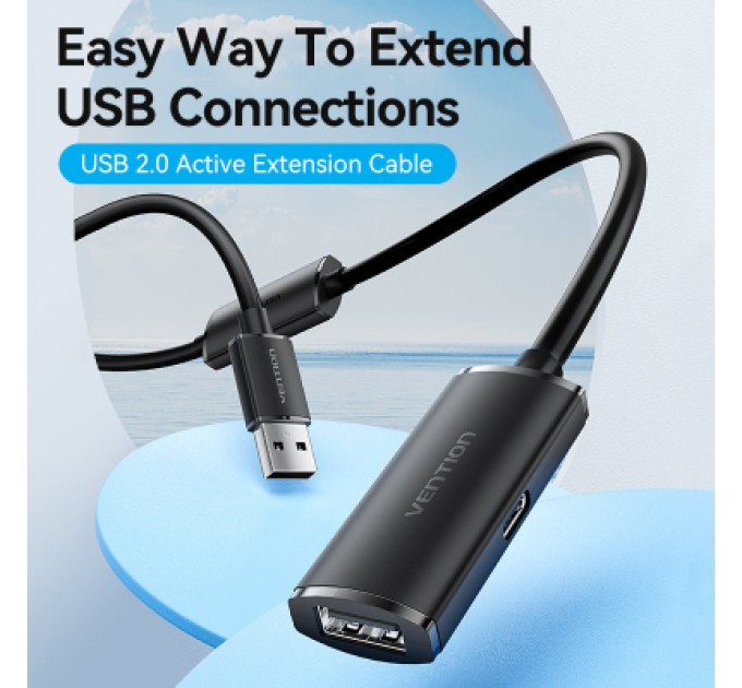 Дата кабель USB 2.0 Type-A Male to Type-A Female Active Extension Cable 15M Black VENTION (CBKBN)
