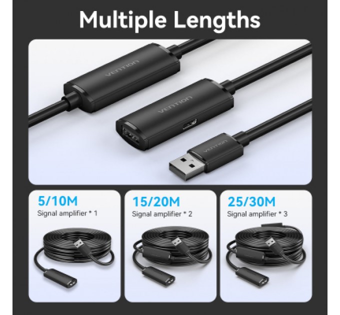 Дата кабель USB 2.0 Type-A Male to Type-A Female Active Extension Cable 15M Black VENTION (CBKBN)
