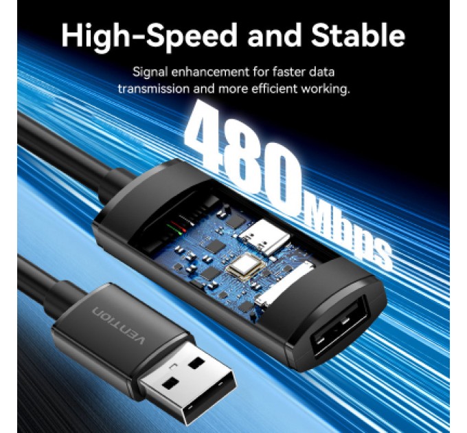 Дата кабель USB 2.0 Type-A Male to Type-A Female Active Extension Cable 25M Black VENTION (CBKBS)
