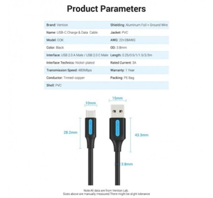 Дата кабель USB 2.0 A Male to C Male 3A Cable 1.5M Black VENTION (COKBG)