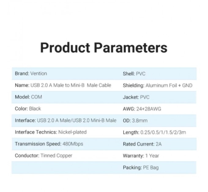 Дата кабель USB 2.0 A Male to Mini-B Male Cable 2M Black PVC Type VENTION (COMBH)