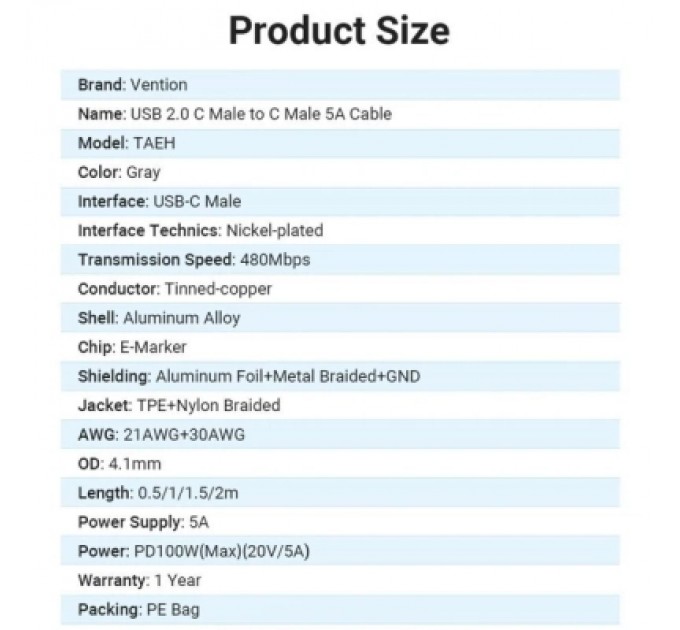 Дата кабель USB 2.0 C Male to C Male 5A Cable Gray 2M Aluminum Alloy Type VENTION (TAEHH)