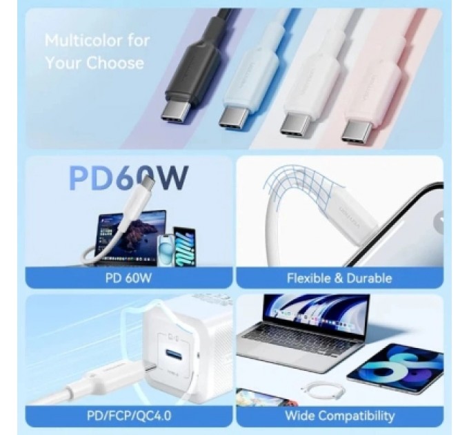 Дата кабель USB 2.0 Type-C Male to Type-C Male 3A Cable 1M Black PVC Type VENTION (TRCBF)