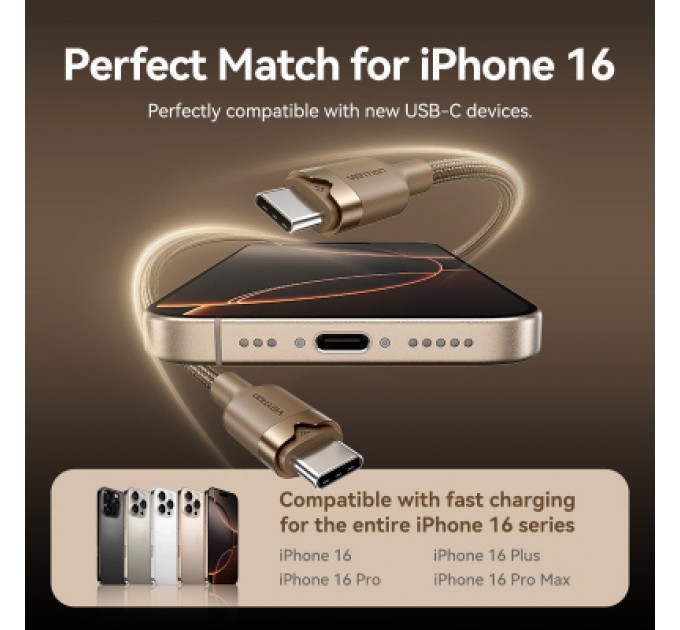 Дата кабель USB 2.0 Type-C Male to Type-C Male 3A Cable 1M Gold Aluminum Alloy Type VENTION (TRDJF)