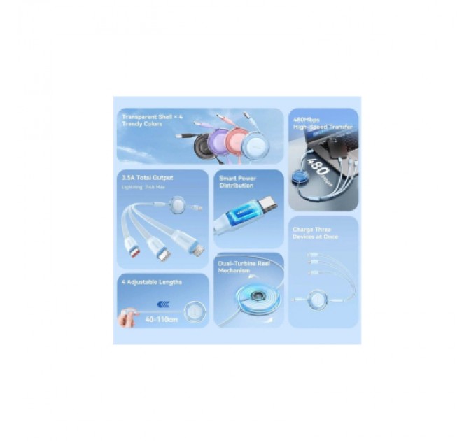 Дата кабель 3-in-1 USB 2.0 Type-A Male to USB-C Male + USB-C Male + Lightning Male 3.5A Retractable Cable 1. VENTION (TRJBBE)