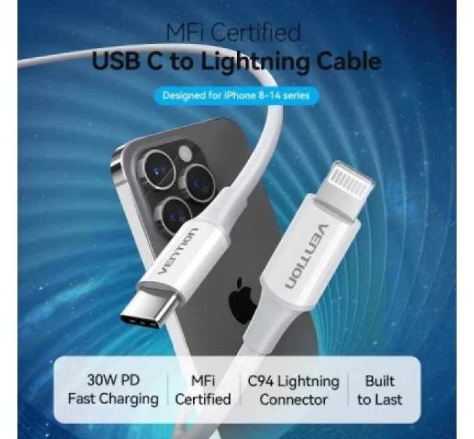 Дата кабель USB 2.0 Type-C Male to Lightning Male 3A Cable 1M White PVC Type VENTION (LAKWF)