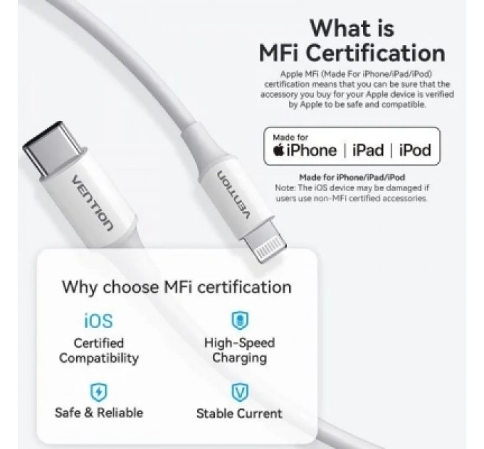 Дата кабель USB 2.0 Type-C Male to Lightning Male 3A Cable 1M White PVC Type VENTION (LAKWF)