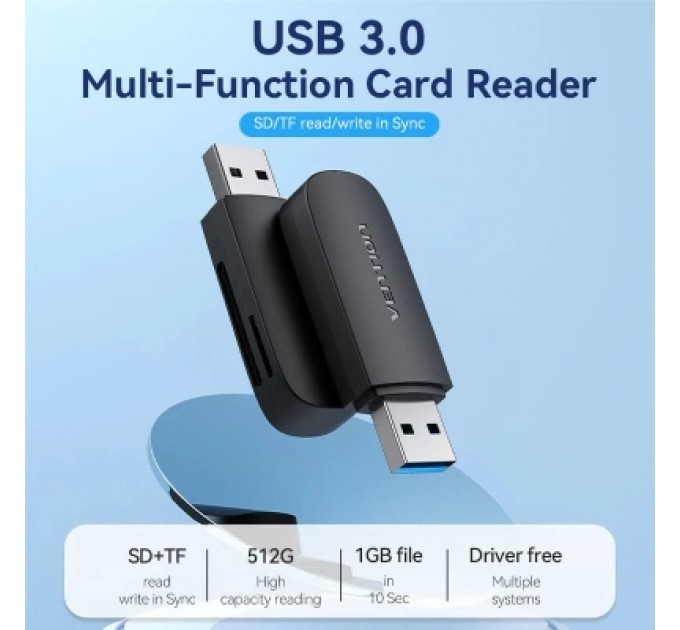 Зчитувач флеш-карт 2-in-1 USB 3.0 A Card Reader(SD+TF) Black Dual Drive Letter VENTION (CLGB0)