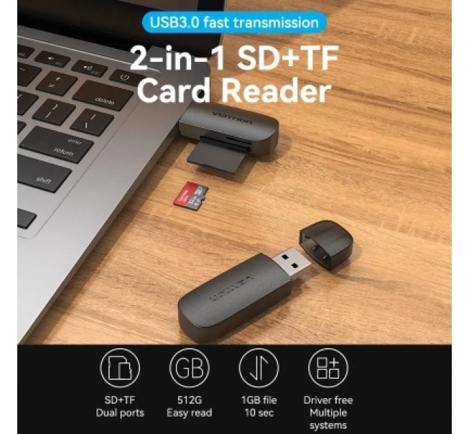 Зчитувач флеш-карт 2-in-1 USB 3.0 A Card Reader(SD+TF) Black Dual Drive Letter VENTION (CLGB0)