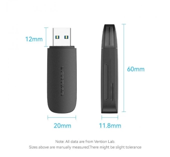 Зчитувач флеш-карт 2-in-1 USB 3.0 A Card Reader(SD+TF) Black Dual Drive Letter VENTION (CLGB0)