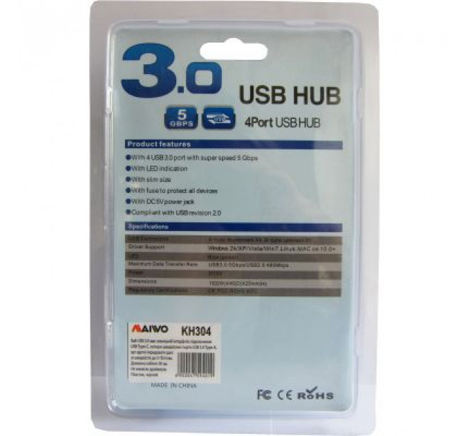 Концентратор Maiwo USB 3.1 Type-C - 4 port USB 3.0 Type-А, cable 30 cm (KH304)