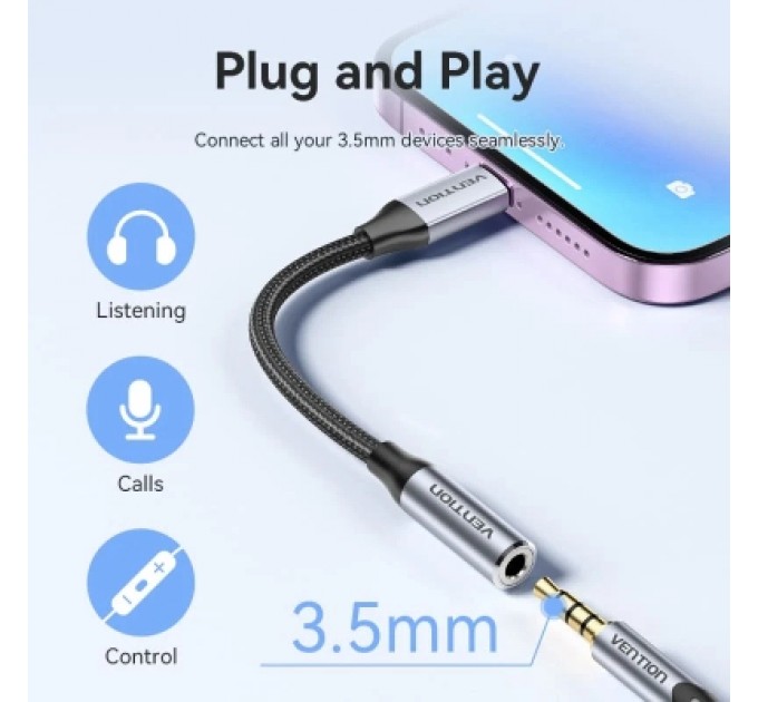 Перехідник Cotton Braided Lightning Male to 3.5MM Earphone Jack Adapter 0.1M Gray Aluminum Alloy Type VENTION (BMBHA)