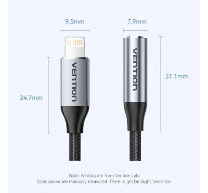 Перехідник Cotton Braided Lightning Male to 3.5MM Earphone Jack Adapter 0.1M Gray Aluminum Alloy Type VENTION (BMBHA)