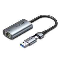 Перехідник USB-C + USB-A to Gigabit Ethernet Adapter 0.15M Gray Aluminum Alloy Type VENTION (CFQHB)