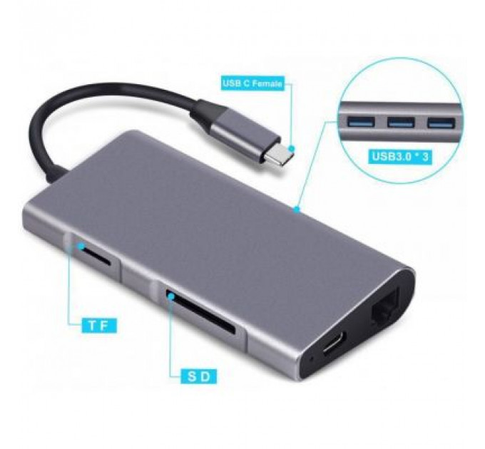 Концентратор Dynamode USB3.1 Type-C to HDMI, 3хUSB3.0, RJ45, USB Type-C Female, SD (Dock-USB-TypeC-HDMI-USB3.0-RJ45)