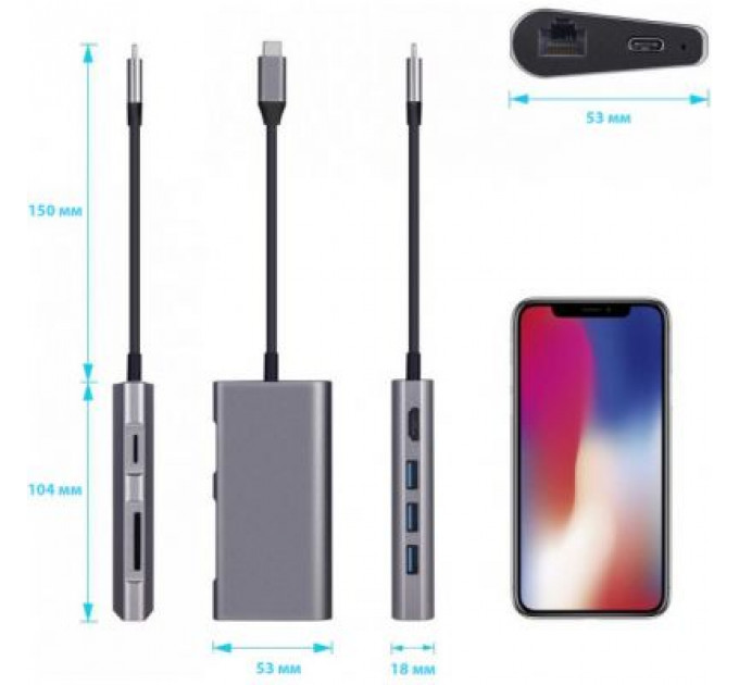 Концентратор Dynamode USB3.1 Type-C to HDMI, 3хUSB3.0, RJ45, USB Type-C Female, SD (Dock-USB-TypeC-HDMI-USB3.0-RJ45)