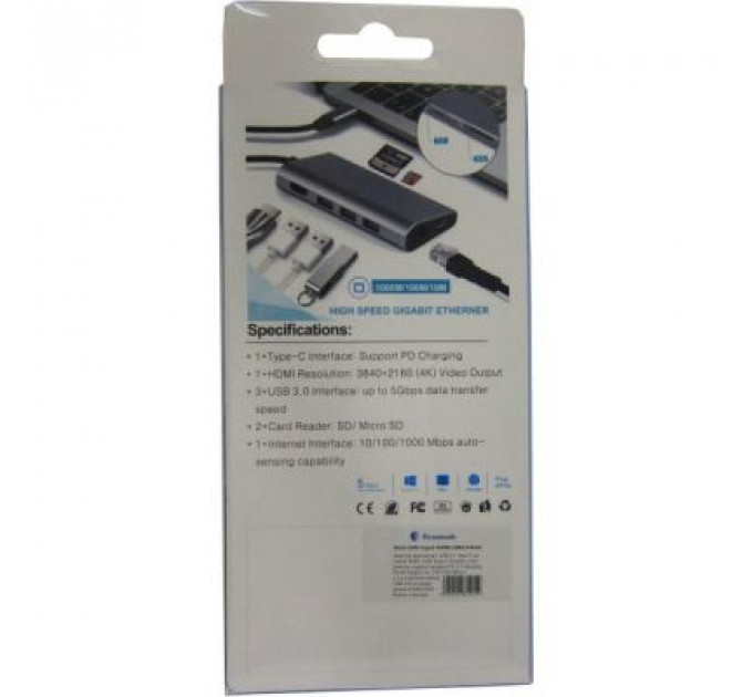Концентратор Dynamode USB3.1 Type-C to HDMI, 3хUSB3.0, RJ45, USB Type-C Female, SD (Dock-USB-TypeC-HDMI-USB3.0-RJ45)