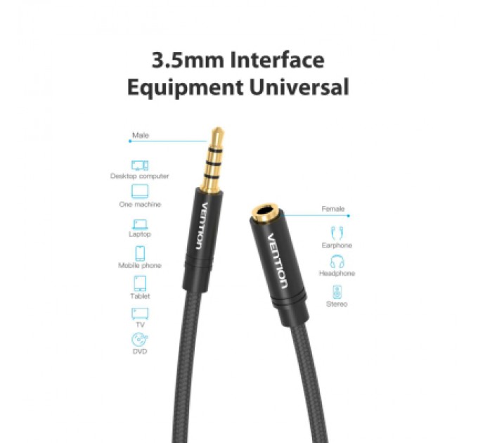 Кабель мультимедійний 3.5mm M to 3.5mm F 1.0m black Vention (BHBBF)
