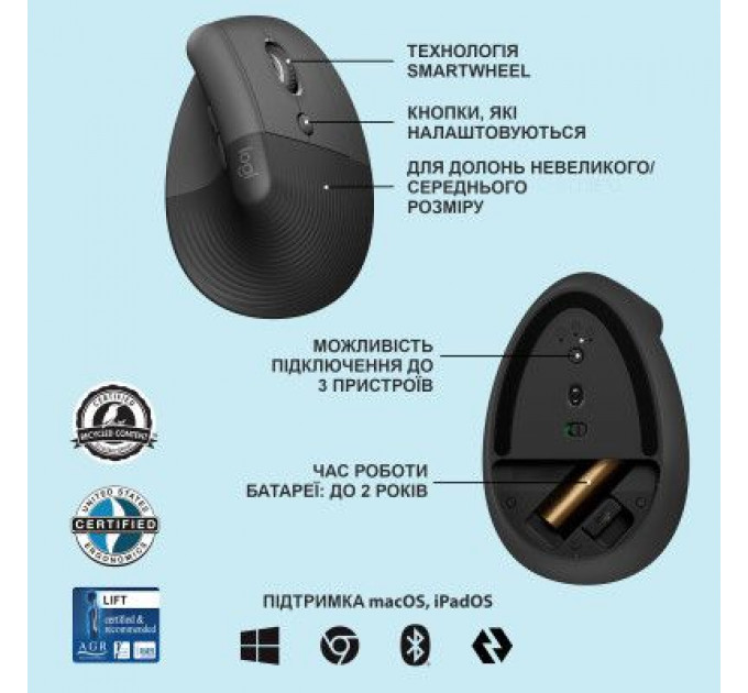 Мишка Logitech Lift Vertical Ergonomic Wireless/Bluetooth Graphite (910-006473)