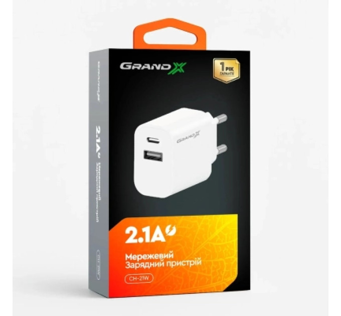 Grand-X Зарядний пристрій Grand-X 1xUSB-C + 1xUSB 10.5W white (CH-21W)