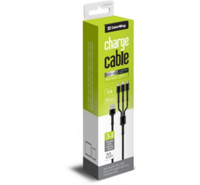 Дата кабель USB 2.0 AM to Lightning + Micro 5P + Type-C 4.0A (20W) ColorWay (CW-CBU3003-GR)