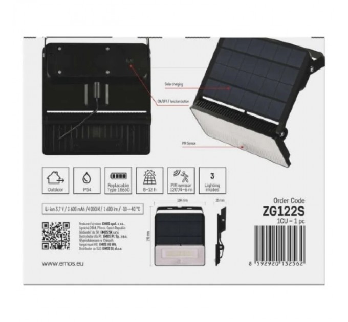 Прожектор EMOS сонячний світлодіодний 1600 лм IP54 4000K PIR (ZG122S)