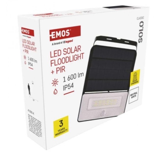 Прожектор EMOS сонячний світлодіодний 1600 лм IP54 4000K PIR (ZG122S)
