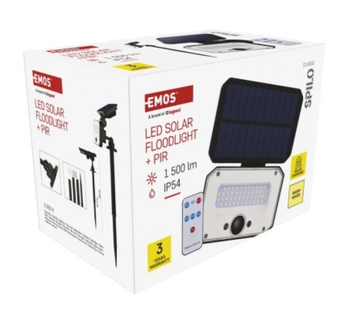 Прожектор EMOS сонячний світлодіодний 1500 лм IP54 3000K PIR (ZG131S)
