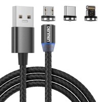 Дата кабель USB 2.0 AM to Lightning + Micro 5P + Type-C magnetic black Denmen (DN-D09E-BK)