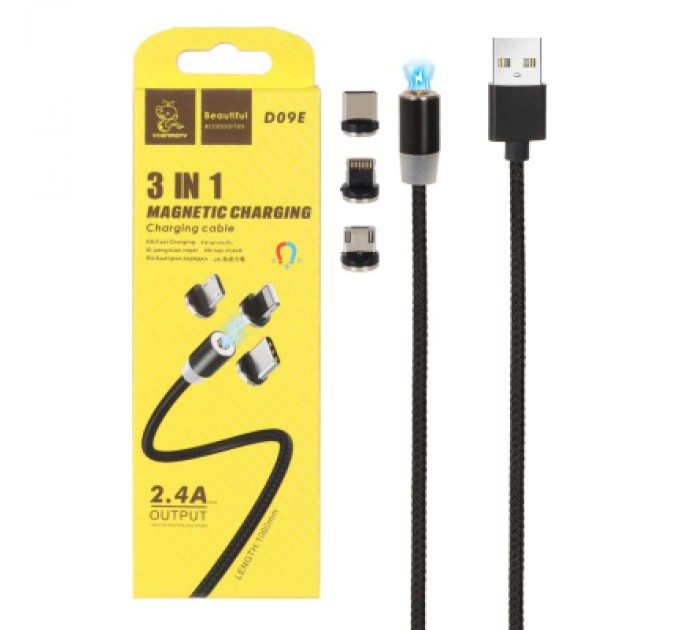 Дата кабель USB 2.0 AM to Lightning + Micro 5P + Type-C magnetic black Denmen (DN-D09E-BK)