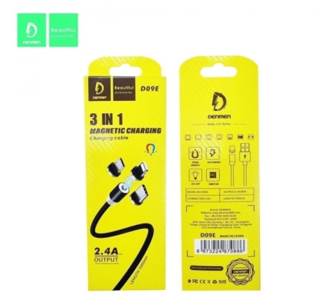 Дата кабель USB 2.0 AM to Lightning + Micro 5P + Type-C magnetic black Denmen (DN-D09E-BK)