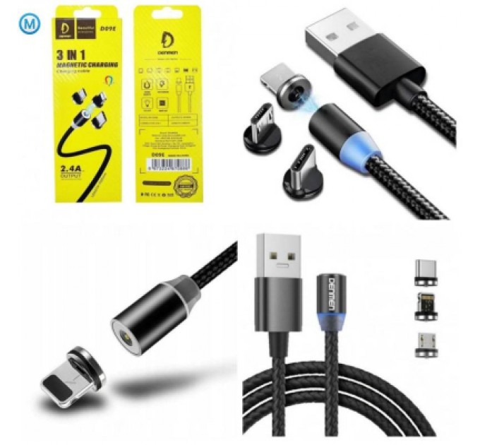 Дата кабель USB 2.0 AM to Lightning + Micro 5P + Type-C magnetic black Denmen (DN-D09E-BK)