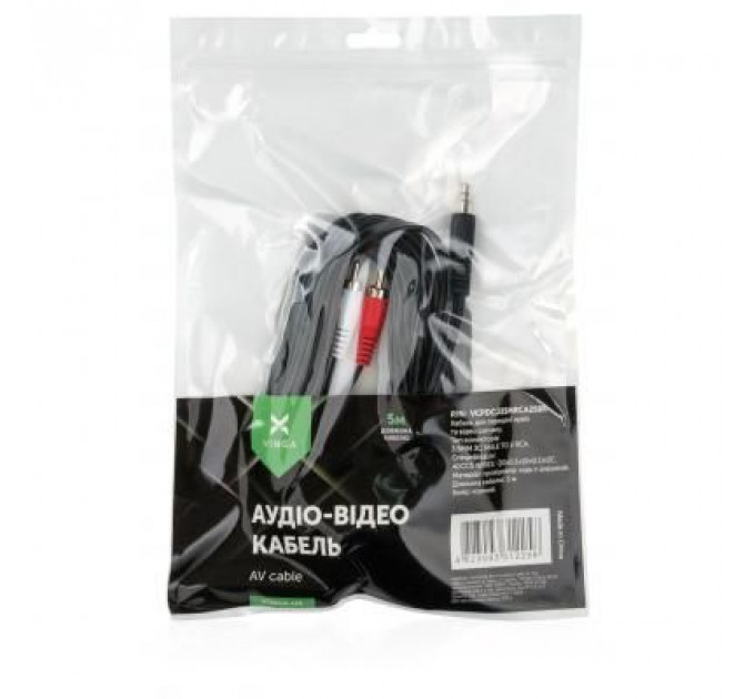 Кабель мультимедійний Jack 3.5mm male to 2xRCA 5.0m Vinga (VCPDCJ35MRCA25BK)