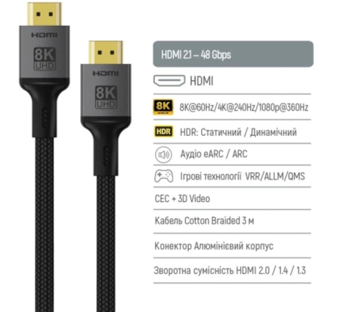 ColorWay Кабель мультимедійний HDMI M to HDMI M 2.0m V2.1 8K black ColorWay (CW-CBHD088-BK)