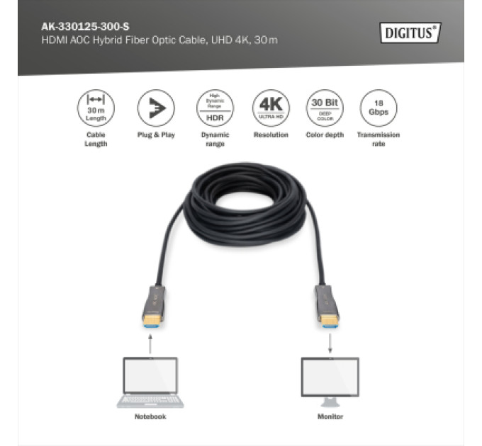 Digitus Кабель мультимедійний HDMI M to HDMI M 30m 4K AOC hybrid-fiber black Digitus (AK-330125-300-S)