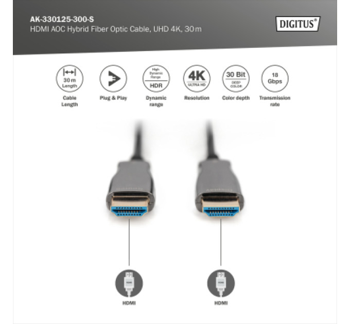 Digitus Кабель мультимедійний HDMI M to HDMI M 30m 4K AOC hybrid-fiber black Digitus (AK-330125-300-S)