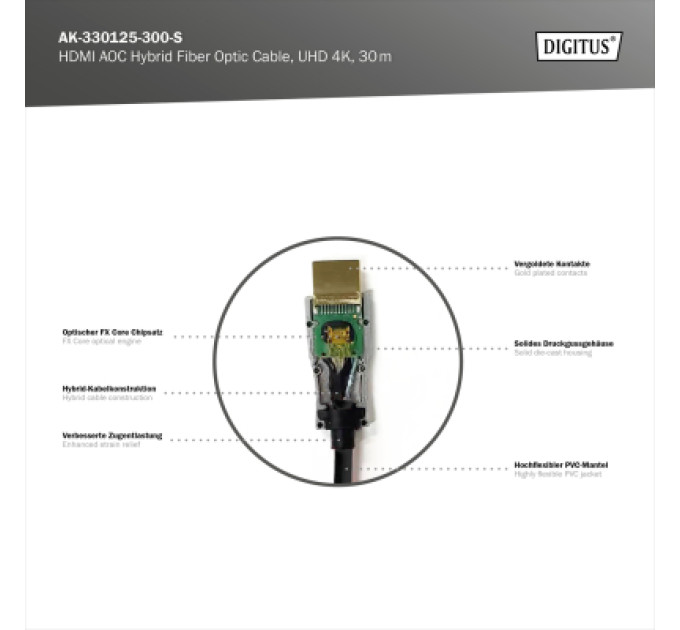 Digitus Кабель мультимедійний HDMI M to HDMI M 30m 4K AOC hybrid-fiber black Digitus (AK-330125-300-S)