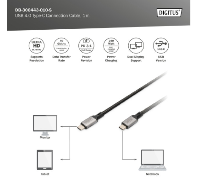 Digitus Дата кабель USB-C to USB-C 1.0m USB 4.0 black Digitus (DB-300443-010-S)